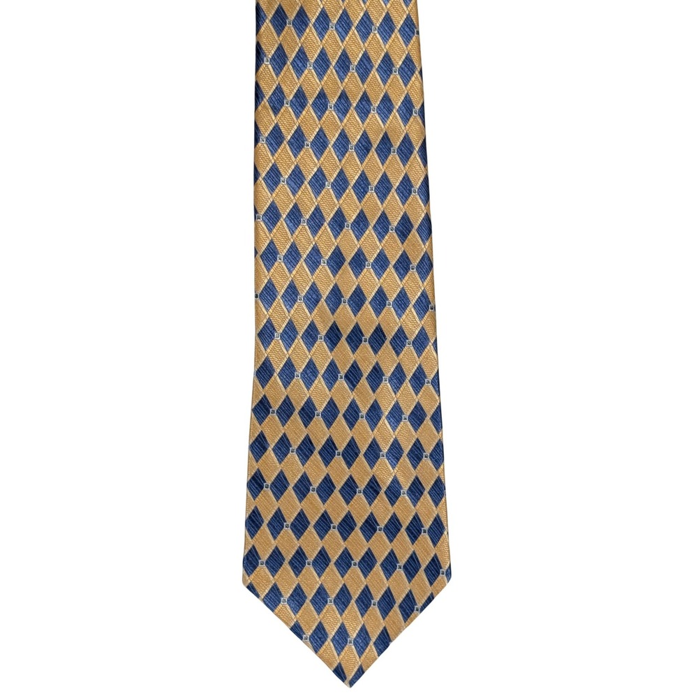 Geoffrey Beene Tie Mens OS Gold Blue Diamond Harlequin 100%‎ Silk Classic Wide